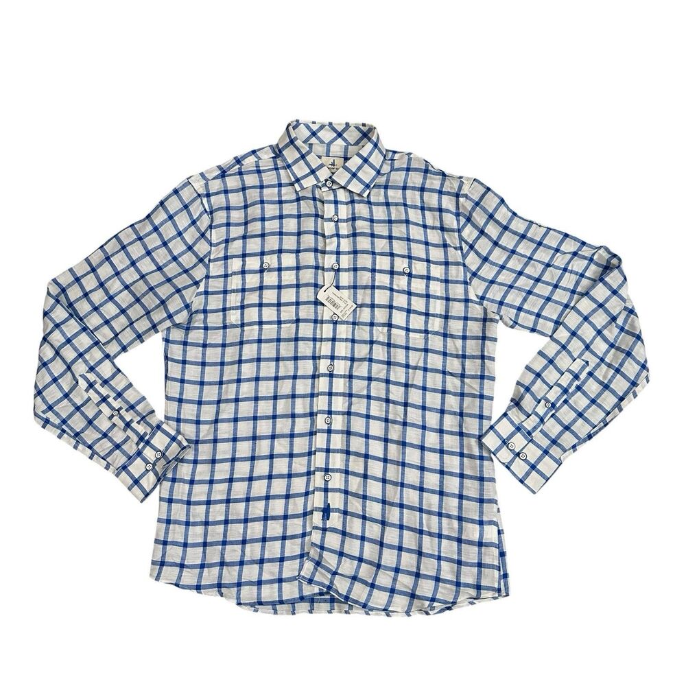 JOHNNIE-O Camden Button Down Shirt Linen Blend Men’s M Blue White Plaid $135